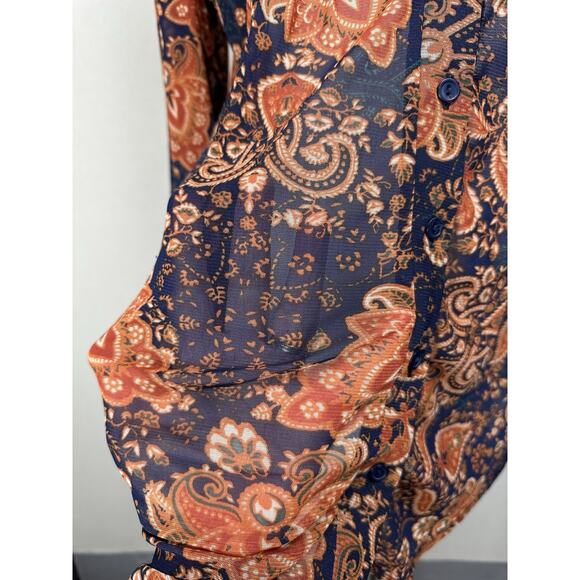 PerSeption Concepts XL Navy Blue Orange Button front V-neck Sheer Blouse Top - Picture 4 of 15